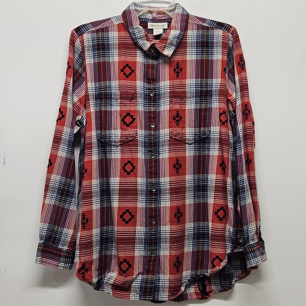 Ariat Red Black Plaid Aztec Southwestern Embroidered Long Sleeve Shirt Large